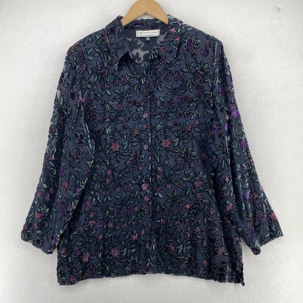 TRAVIS AYERS Top 16 Floral Velvet Burnout Sheer Tunic Shirt Button Up Blue VTG